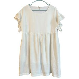 Entro White Textured Ruffle Summer Babydoll Style Dress Scoop Neck Size Medium